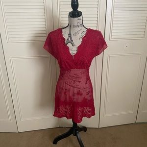 BCBG Max Azria red embroidered mesh semi sheer tunic blouse